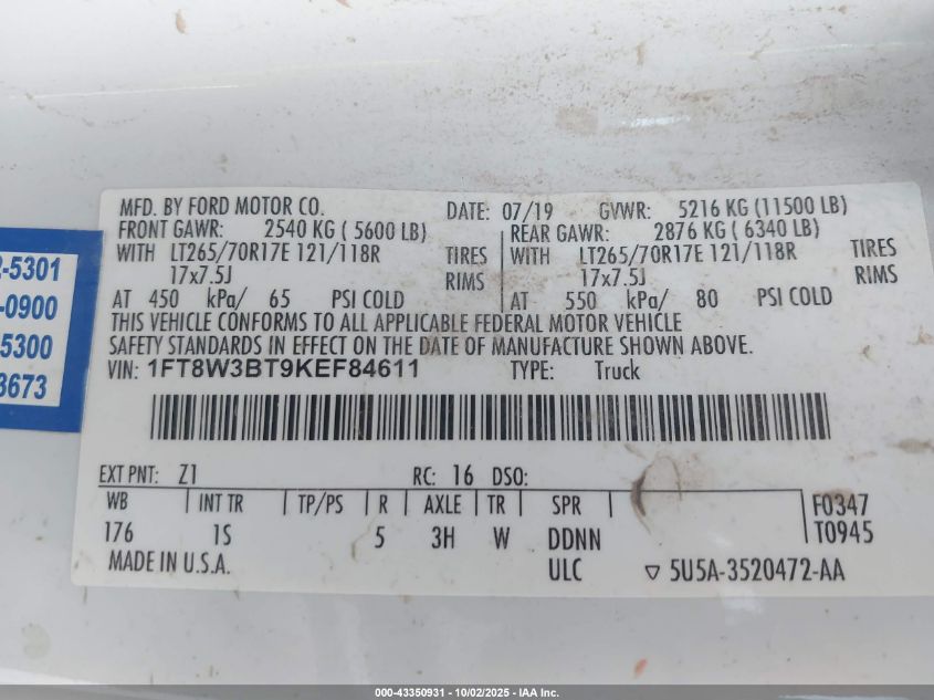 2019 Ford F-350 Xl VIN: 1FT8W3BT9KEF84611 Lot: 43350931