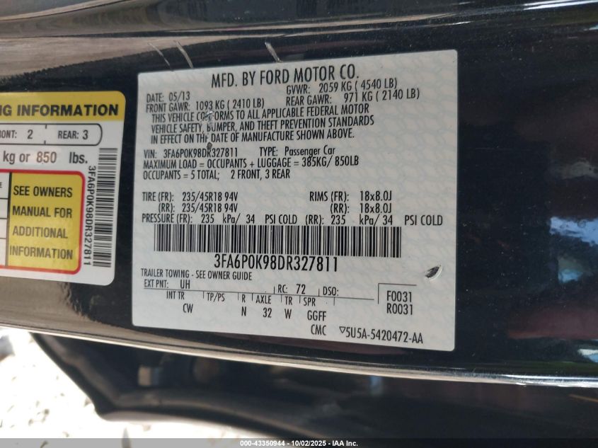 2013 Ford Fusion Titanium VIN: 3FA6P0K98DR327811 Lot: 43350944