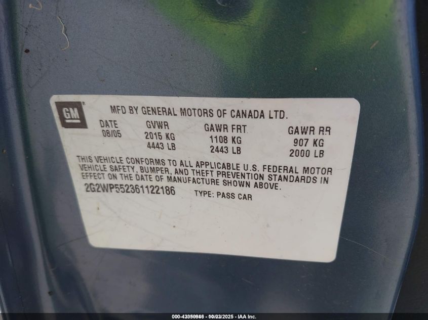 2006 Pontiac Grand Prix VIN: 2G2WP552361122186 Lot: 43350946