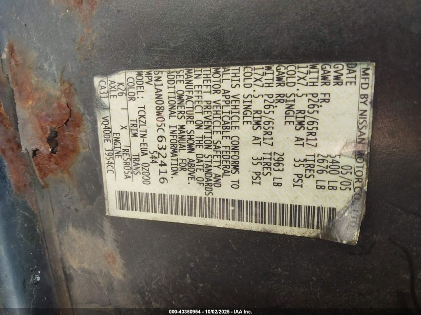 2005 Nissan Xterra Se VIN: 5N1AN08W05C632416 Lot: 43350954