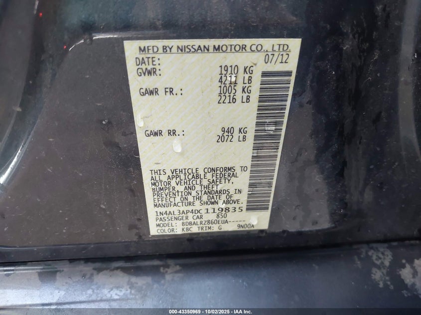 2013 Nissan Altima 2.5 S VIN: 1N4AL3AP4DC119835 Lot: 43350969