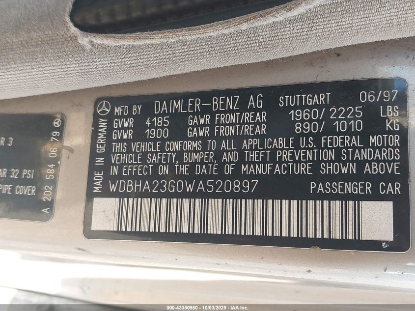 1998 Mercedes-Benz C 230 VIN: WDBHA23G0WA520897 Lot: 43350980