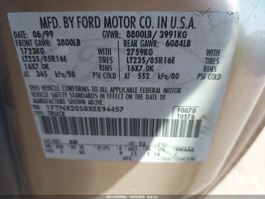 1999 Ford F-250 Lariat/Xl/Xlt VIN: 1FTNX20S8XEE94457 Lot: 43350984