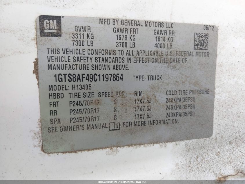 2012 GMC Savana 1500 Work Van VIN: 1GTS8AF49C1197864 Lot: 43350989