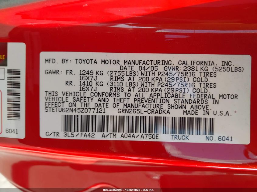2005 Toyota Tacoma Prerunner V6 VIN: 5TETU62N45Z077121 Lot: 43350993