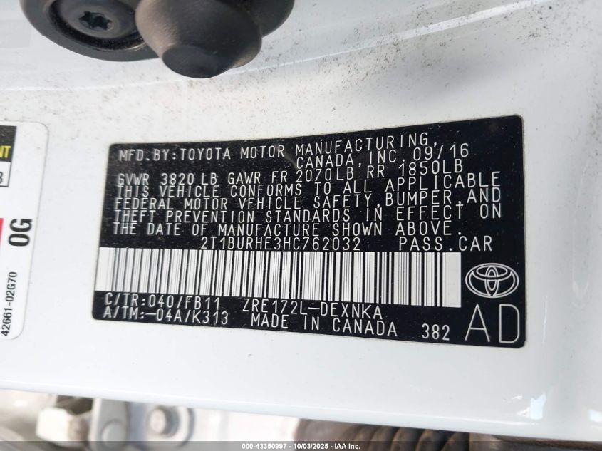 2017 Toyota Corolla Le VIN: 2T1BURHE3HC762032 Lot: 43350997