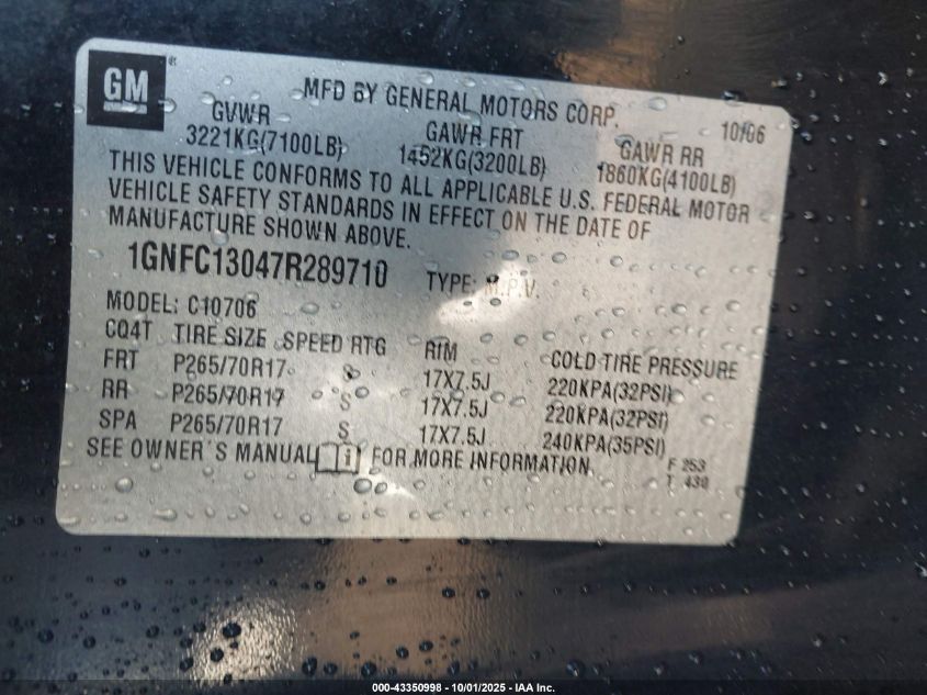 2007 Chevrolet Tahoe Lt VIN: 1GNFC13047R289710 Lot: 43350998