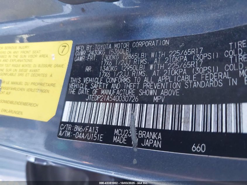 2004 Toyota Highlander Limited V6 VIN: JTEDP21A540030726 Lot: 43351002