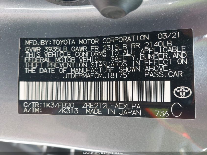 2021 Toyota Corolla Le VIN: JTDEPMAE0MJ181751 Lot: 43351007