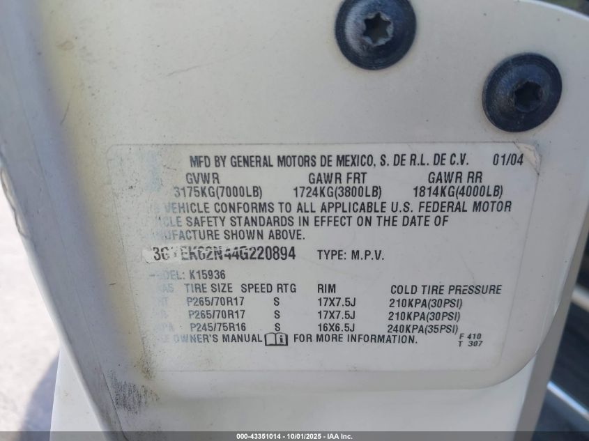 2004 Cadillac Escalade Ext Standard VIN: 3GYEK62N44G220894 Lot: 43351014