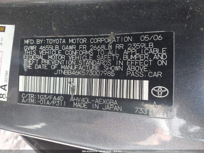 2007 Toyota Camry Hybrid VIN: JTNBB46K573007985 Lot: 43351019