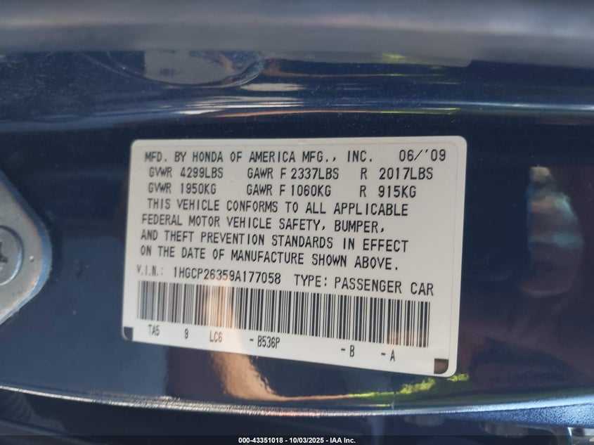 2009 Honda Accord 2.4 Lx VIN: 1HGCP26359A177058 Lot: 43351018