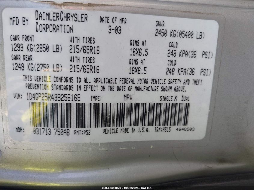 2003 Dodge Caravan Se VIN: 1D4GP25R43B256165 Lot: 43351020