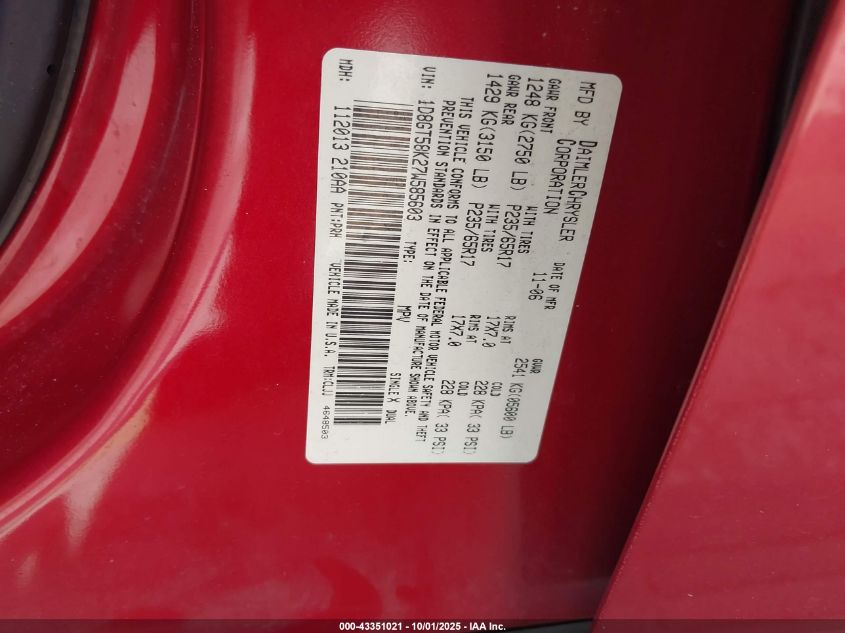 2007 Dodge Nitro Slt/Rt VIN: 1D8GT58K27W585603 Lot: 43351021