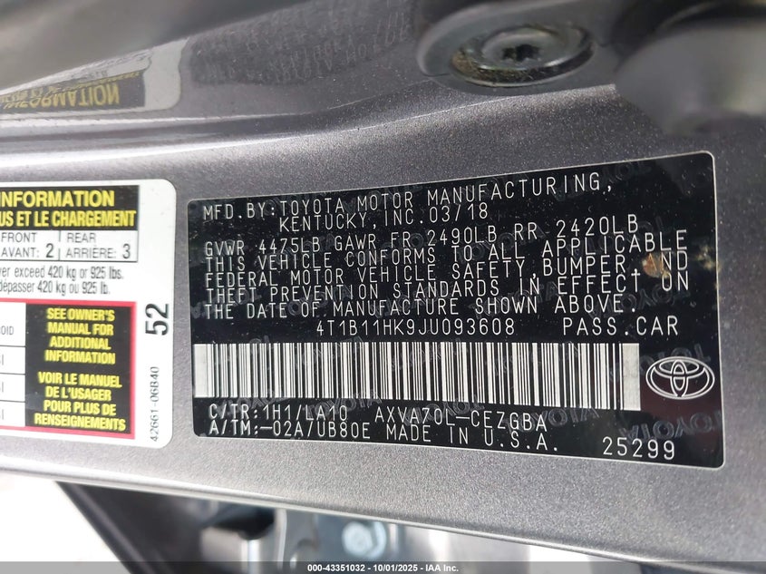 2018 TOYOTA CAMRY XLE - 4T1B11HK9JU093608