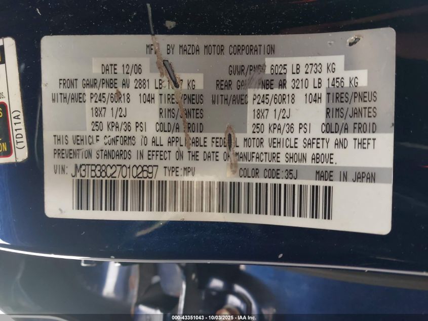 2007 Mazda Cx-9 Sport VIN: JM3TB38C270102697 Lot: 43351043