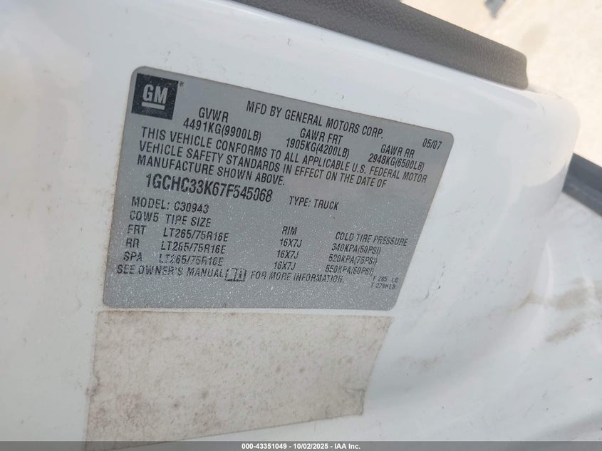 2007 Chevrolet Silverado 3500 Work Truck VIN: 1GCHC33K67F545068 Lot: 43351049