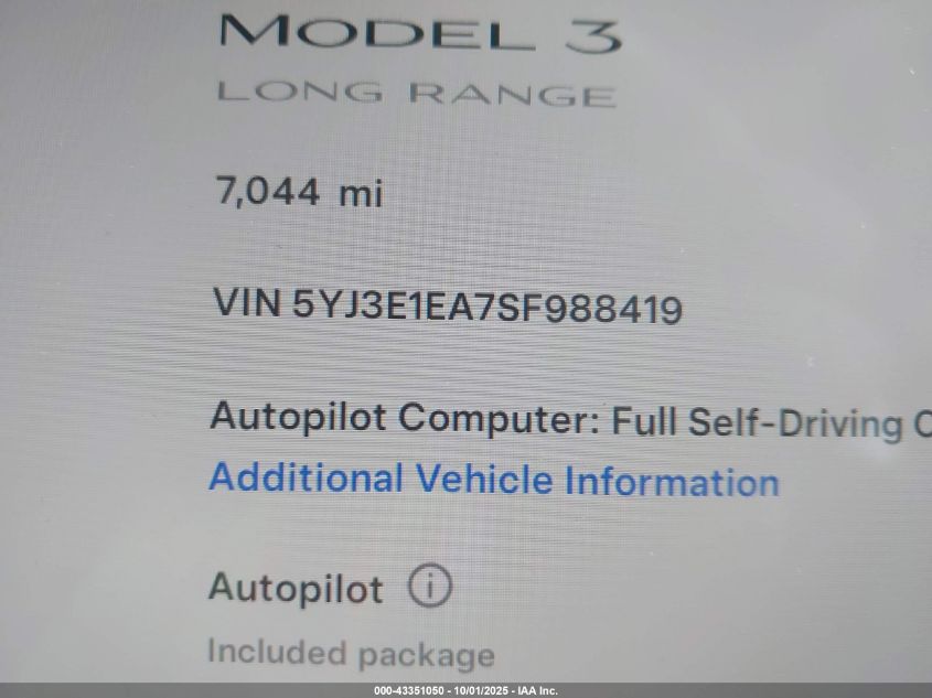 2025 Tesla Model 3 Long Range Rear-Wheel Drive VIN: 5YJ3E1EA7SF988419 Lot: 43351050