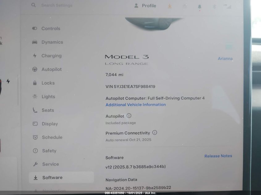 2025 Tesla Model 3 Long Range Rear-Wheel Drive VIN: 5YJ3E1EA7SF988419 Lot: 43351050