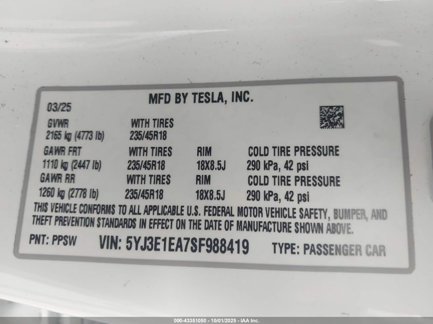 2025 Tesla Model 3 Long Range Rear-Wheel Drive VIN: 5YJ3E1EA7SF988419 Lot: 43351050