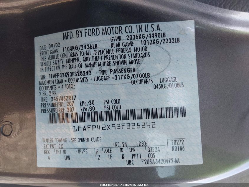 2003 Ford Mustang Gt VIN: 1FAFP42X93F328242 Lot: 43351067