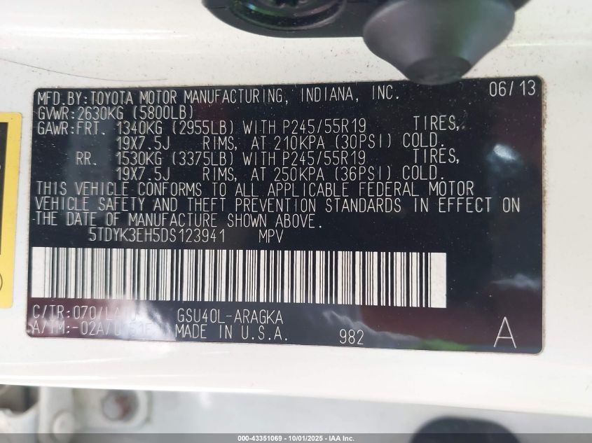 2013 Toyota Highlander Limited V6 VIN: 5TDYK3EH5DS123941 Lot: 43351069