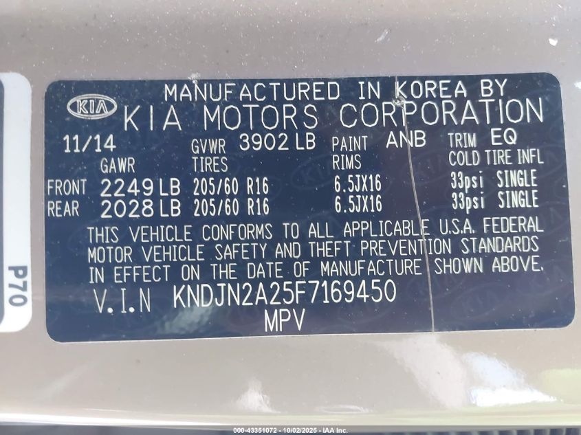 2015 Kia Soul VIN: KNDJN2A25F7169450 Lot: 43351072