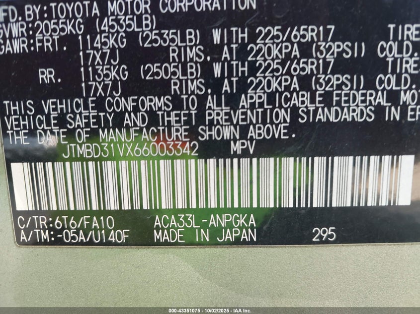 2006 Toyota Rav4 Limited VIN: JTMBD31VX66003342 Lot: 43351075