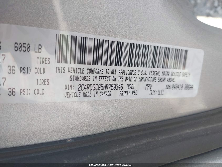 2017 Dodge Grand Caravan Sxt VIN: 2C4RDGCG5HR750346 Lot: 43351076