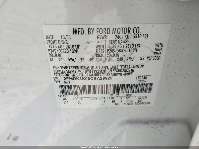 2012 Ford Edge Limited VIN: 2FMDK3K96CBA29929 Lot: 43351078