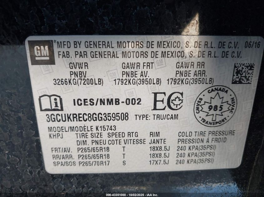 2016 Chevrolet Silverado 1500 1Lt/2Lt VIN: 3GCUKREC8GG359508 Lot: 43351088