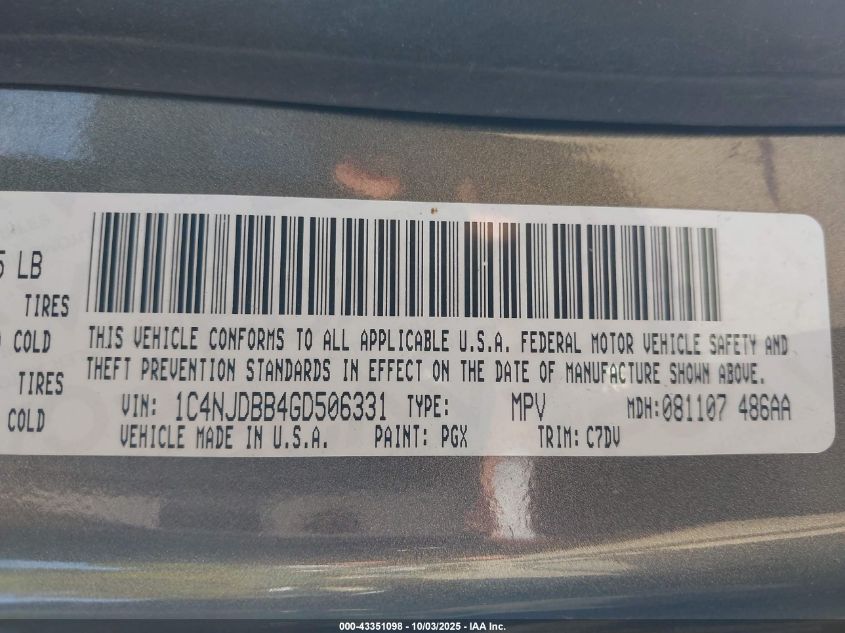 2016 Jeep Compass Sport VIN: 1C4NJDBB4GD506331 Lot: 43351098