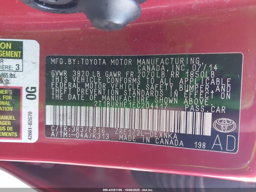 2014 Toyota Corolla Le Plus VIN: 2T1BURHE1EC204417 Lot: 43351106