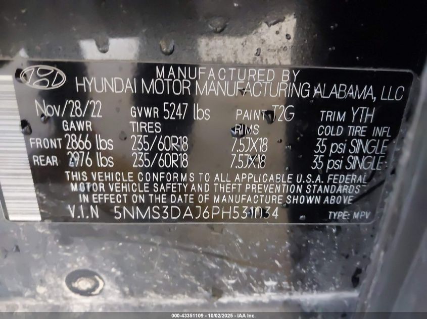 2023 Hyundai Santa Fe Sel VIN: 5NMS3DAJ6PH531034 Lot: 43351109