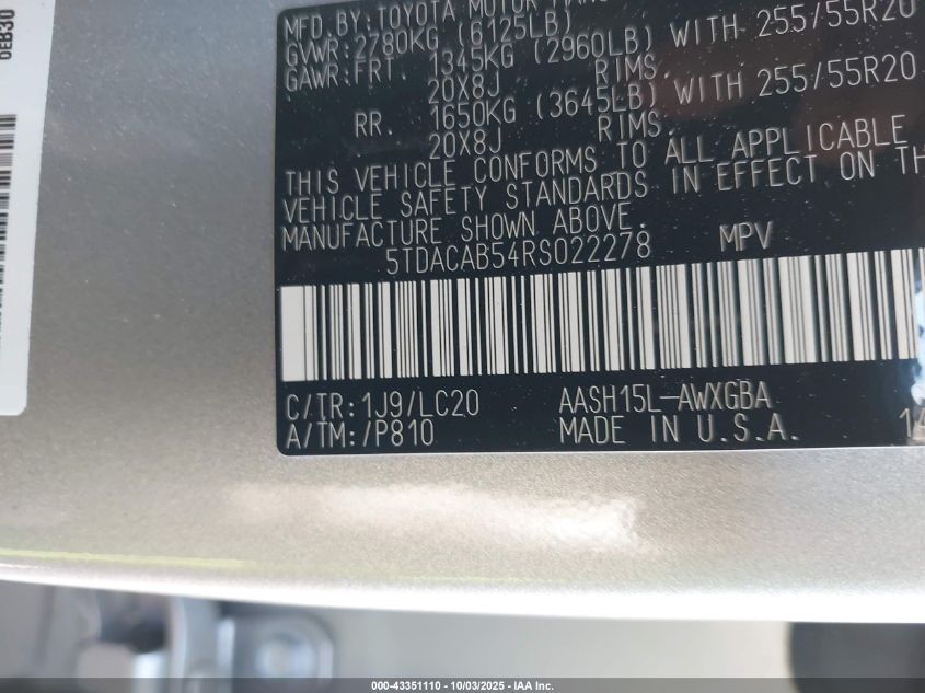 2024 Toyota Grand Highlander Hybrid Limited VIN: 5TDACAB54RS022278 Lot: 43351110