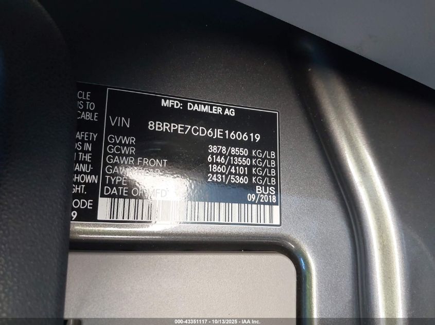 2018 Mercedes-Benz Sprinter 2500 Standard Roof V6 VIN: 8BRPE7CD6JE160619 Lot: 43351117