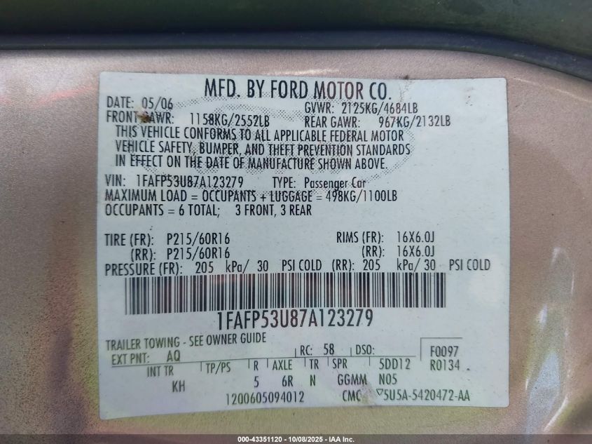 2007 Ford Taurus Se VIN: 1FAFP53U87A123279 Lot: 43351120