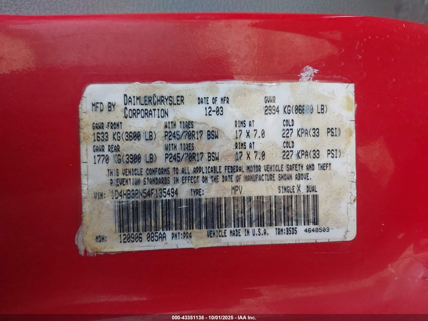 1D4HB38N54F135494 2004 DODGE DURANGO photo no. 9