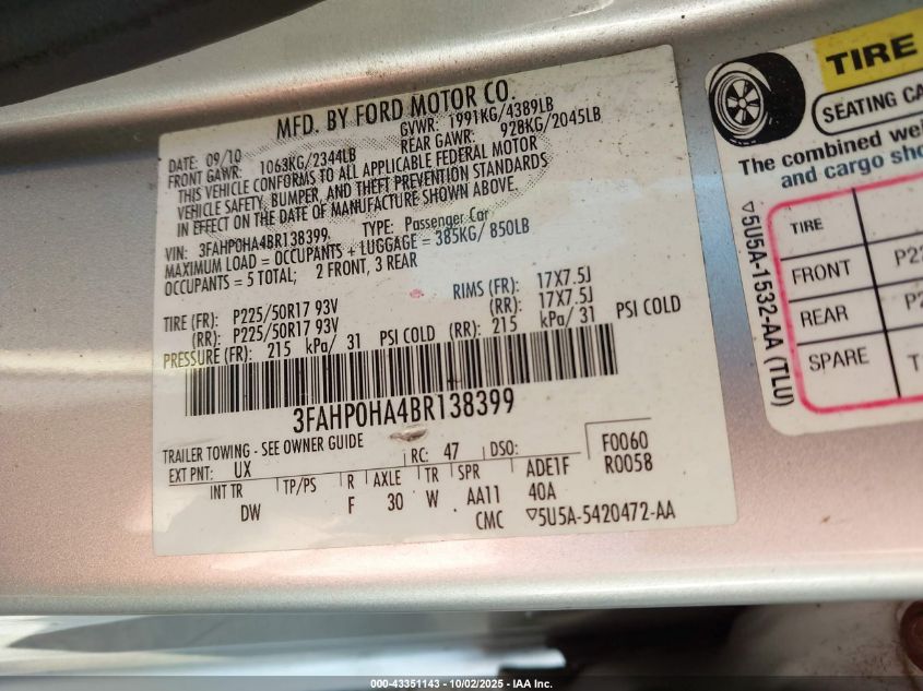 2011 Ford Fusion Se VIN: 3FAHP0HA4BR138399 Lot: 43351143