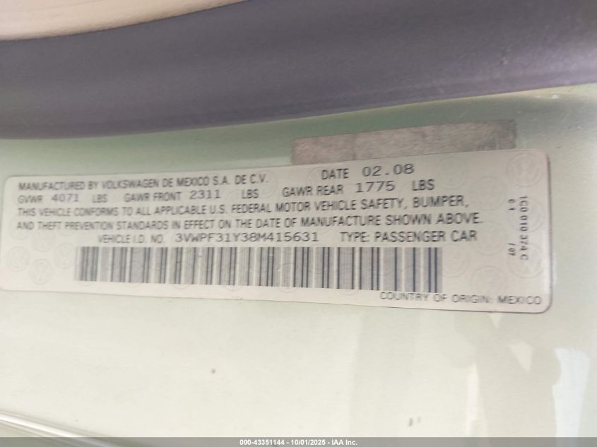 2008 Volkswagen New Beetle S VIN: 3VWPF31Y38M415631 Lot: 43351144