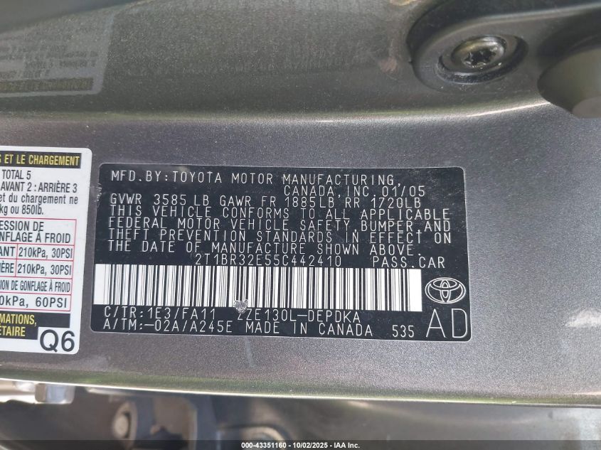 2005 Toyota Corolla Ce/Le/S VIN: 2T1BR32E55C442410 Lot: 43351160