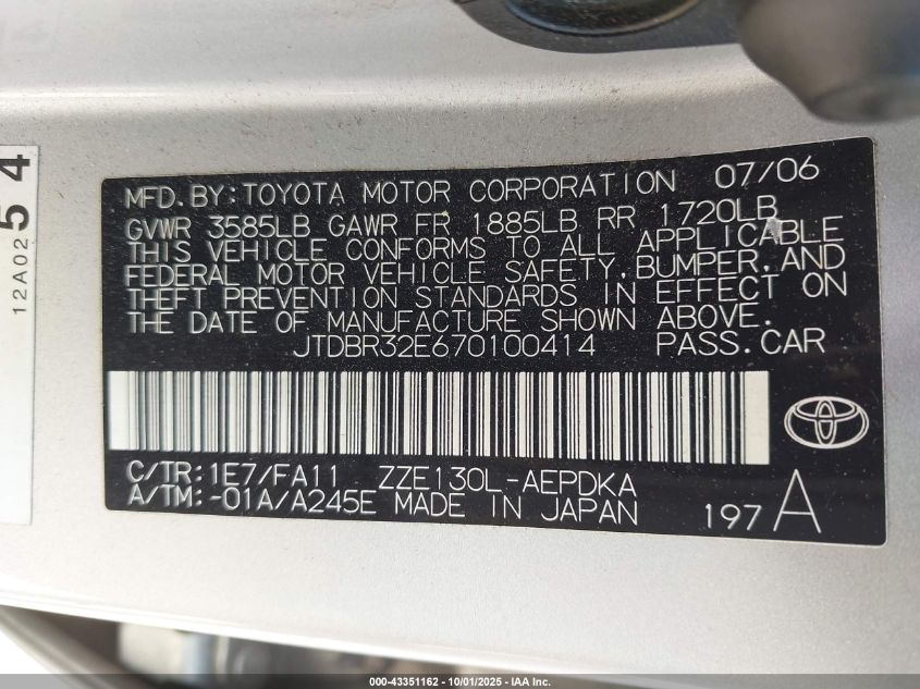 2007 Toyota Corolla Ce VIN: JTDBR32E670100414 Lot: 43351162