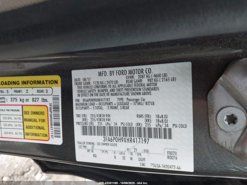 2017 Ford Fusion Se VIN: 3FA6P0H9XHR417197 Lot: 43351169