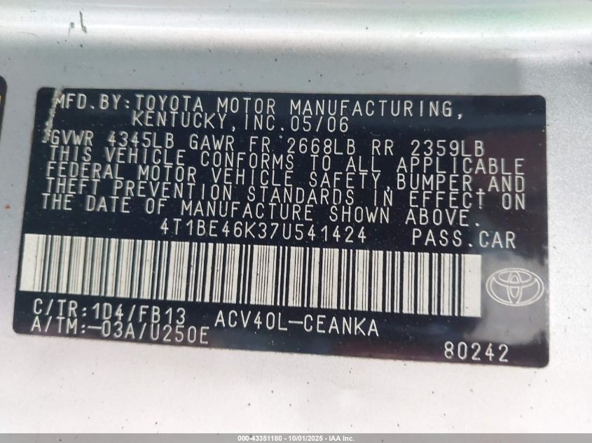 2007 Toyota Camry Le VIN: 4T1BE46K37U541424 Lot: 43351180