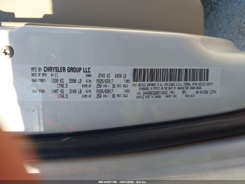 2011 Chrysler Town & Country Touring-L VIN: 2A4RR8DG6BR714642 Lot: 43351186