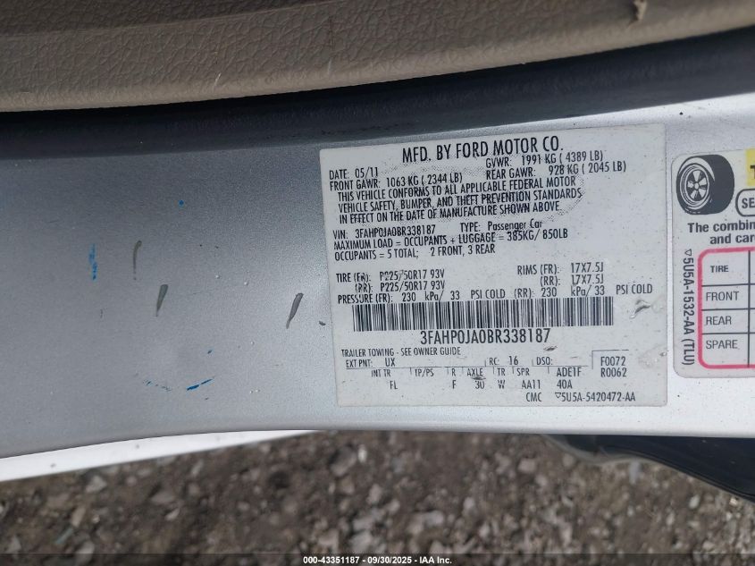 2011 Ford Fusion Sel VIN: 3FAHP0JA0BR338187 Lot: 43351187