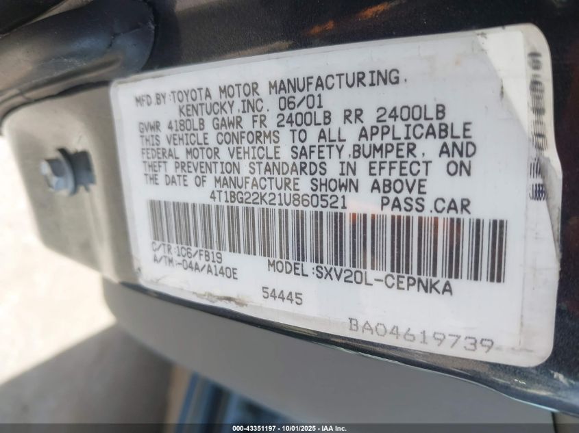 2001 Toyota Camry Le VIN: 4T1BG22K21U860521 Lot: 43351197