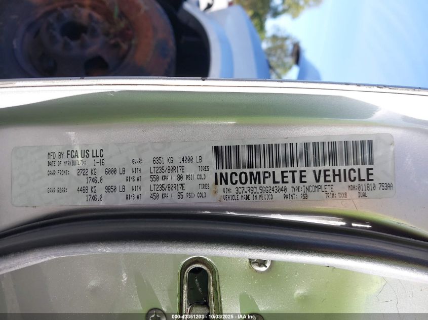 2016 Ram 3500 Chassis Tradesman/Slt/Laramie VIN: 3C7WRSCL5GG243040 Lot: 43351203