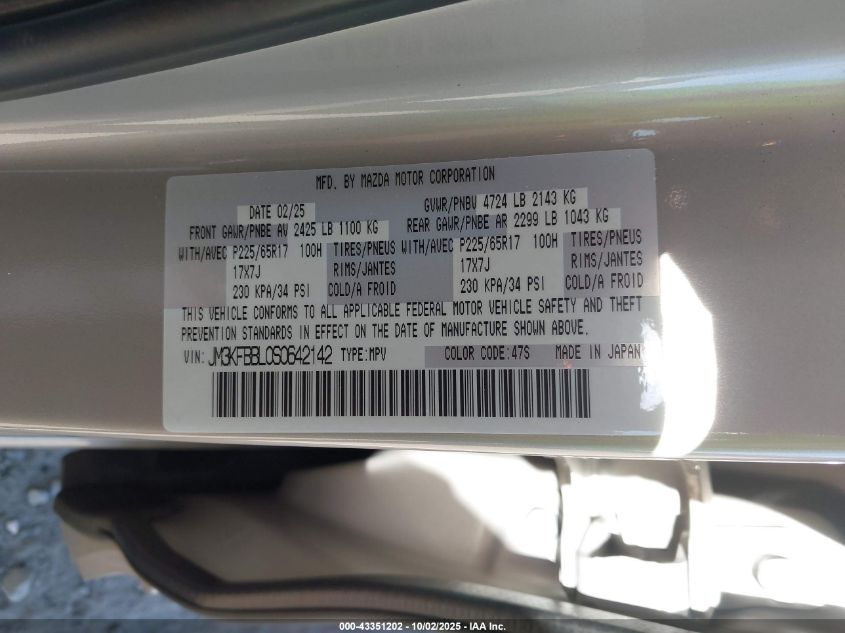 2025 Mazda Cx-5 2.5 S Select VIN: JM3KFBBL0S0642142 Lot: 43351202