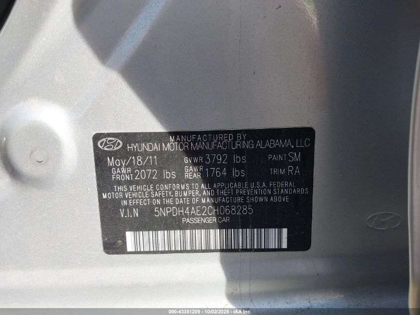 2012 Hyundai Elantra Gls VIN: 5NPDH4AE2CH068285 Lot: 43351209